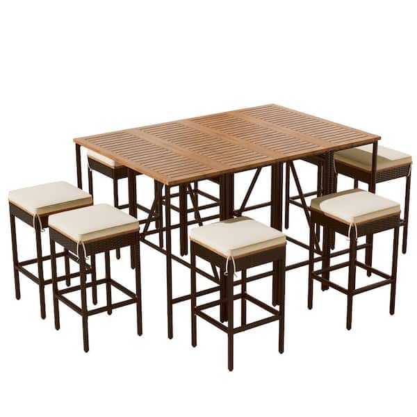 Unbranded 10-Piece Acacia Wood Outdoor Bistro Set, Eight Stools with Beige Cushions and Foldable Tabletop