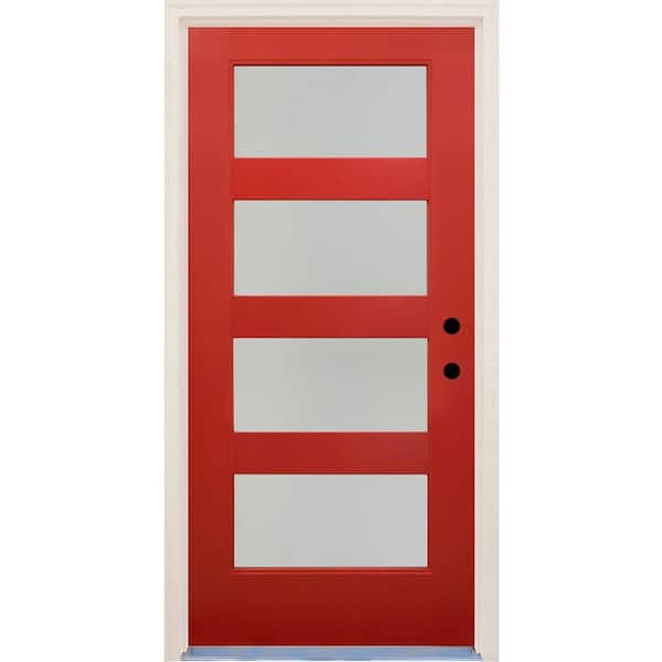 Builders Choice 36 in x 80 in Elite Engine LH 4 Lite Satin Etch Glass Contemporary Painted Fiberglass Prehung Front Door w/ Brickmould