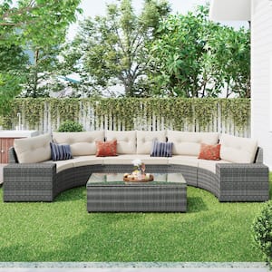 Gray 8-Piece PE Wicker Outdoor Half-Moon Sectional Set Curved Sofa Set Conversation Set with Table and Beige Cushions
