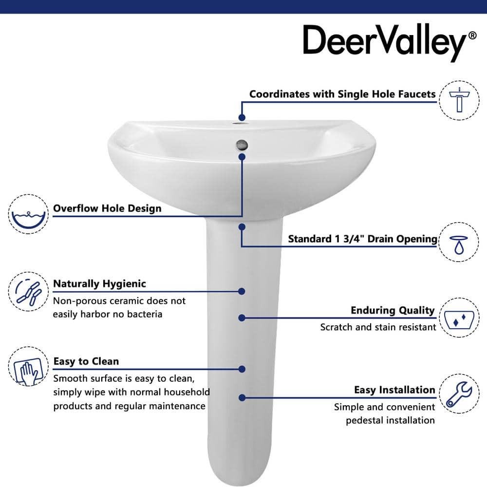 White Ceramic U-Shaped Pedestal Bathroom Sink with Overflow