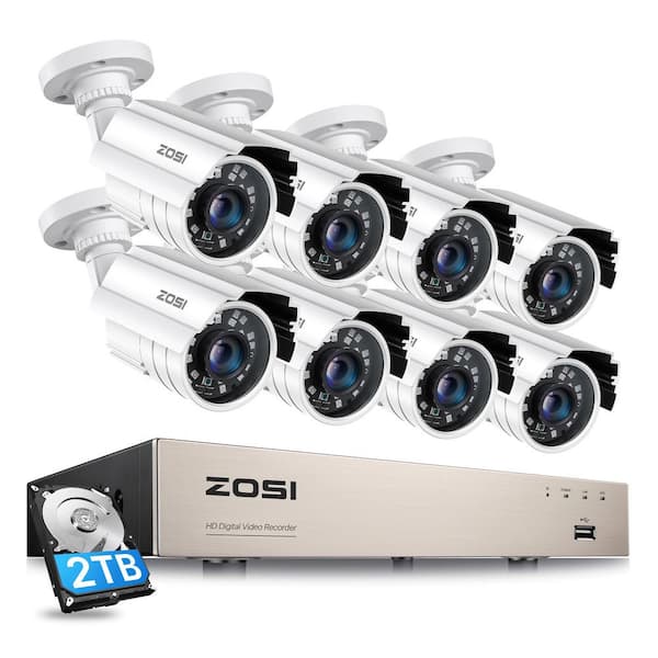ZOSI H.265+ 8-Channel 1080p 2TB DVR Security Camera System with 8-Wired Bullet Cameras, White