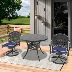 Vintage 3-Piece Cast Aluminum Patio Outdoor Dining Set with Round Dining Table, 2 Swivel Chairs and 2 Blue Cushions