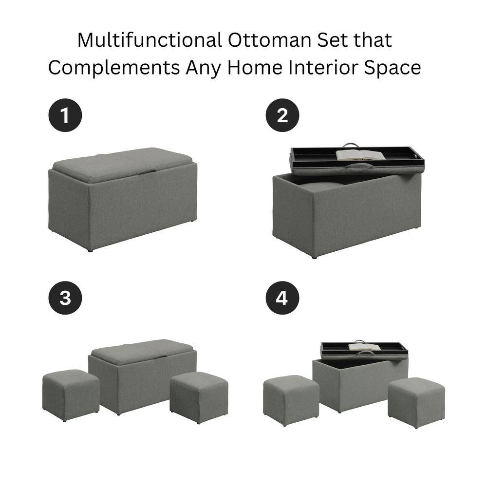 Elegant Gray Storage Bench with Reversible Tray and Side Ottomans