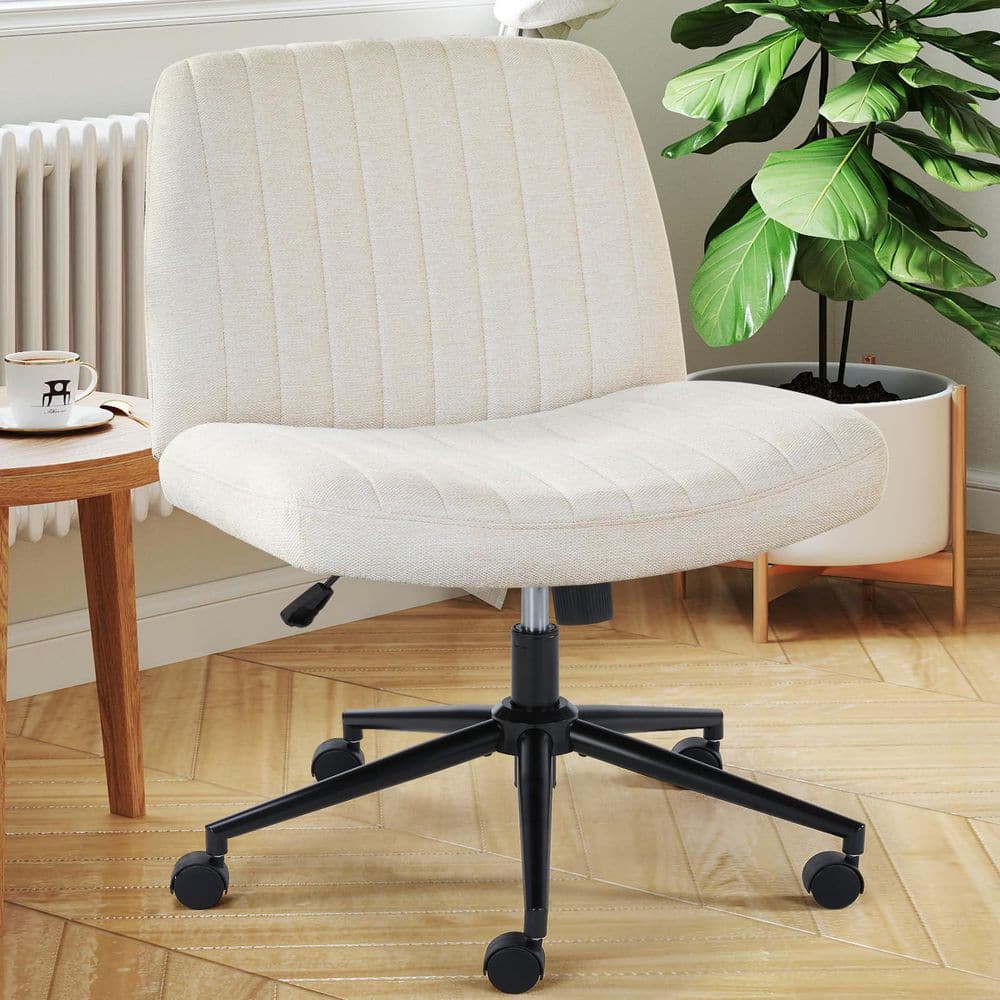 Wonder Comfort Luxurious Fabric Wide Seat 360° Swivel Adjustable Height Ergonomic Desk Chair in Ivory with Wheels, image size:1000x1000