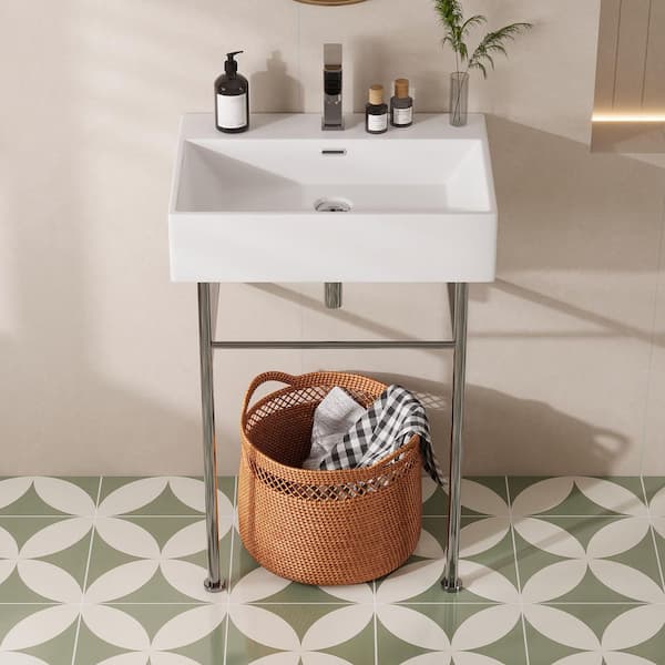 24 in. Console Sink In White Ceramic with Black Legs and Overflow