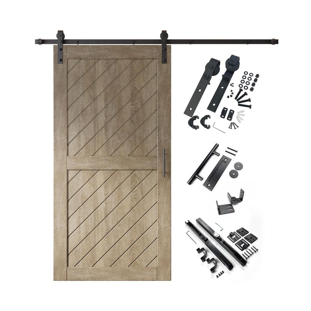 XT1 40 in. x 80 in. C-Panel Classic Gray Slanted Stripe Design Solid Pine Wood Sliding Barn Door with Hardware Kit price history on PriceWatchPro