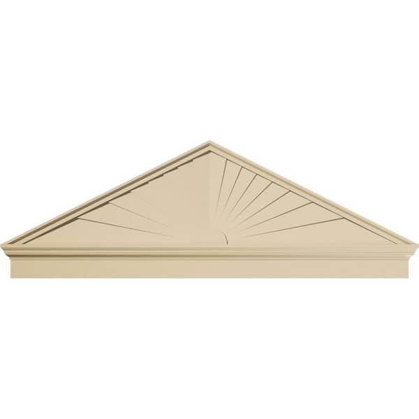 Ekena Millwork 70-in. W x 24-3/8-in. H x 2-3/4-in. P Pitch 6/12 Peaked Cap Sunburst Signature Urethane Combination Pediment, Primed Tan