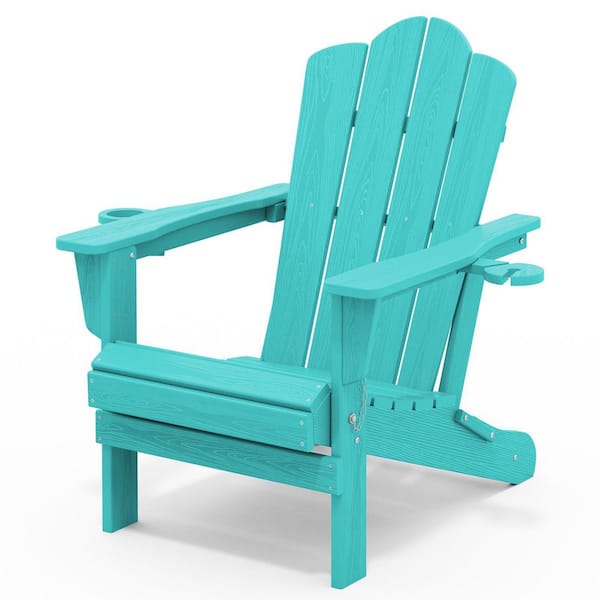 JEAREY Classic Outdoor HDPE Folding Plastic Adirondack Chair with 2 Cup Holders in Aruba Blue (Set of 1)