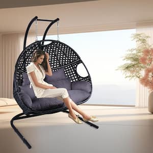 Luxury 2-Person X-Large Outdoor Rattan Patio Swing Hanging Egg Chair, Black