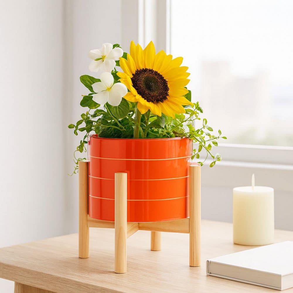 Liv & Skye 6 in. Orange Ceramic Planter with Wood Stand 15898-03