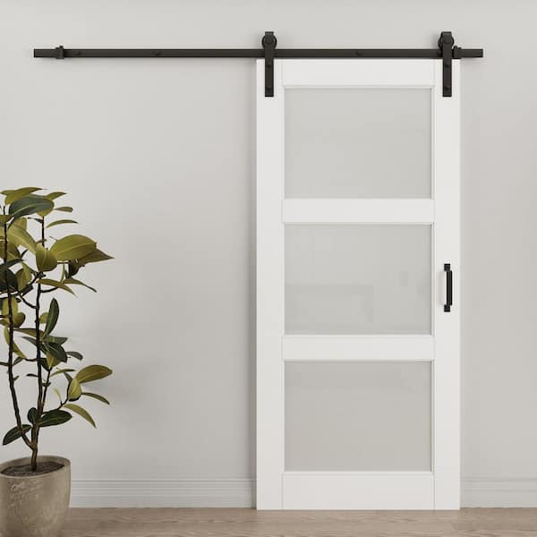 36 in. x 80 in. 3 Lite Tempered Frosted Glass White Primed MDF Composite Sliding Barn Door Slab with Hardware Kit