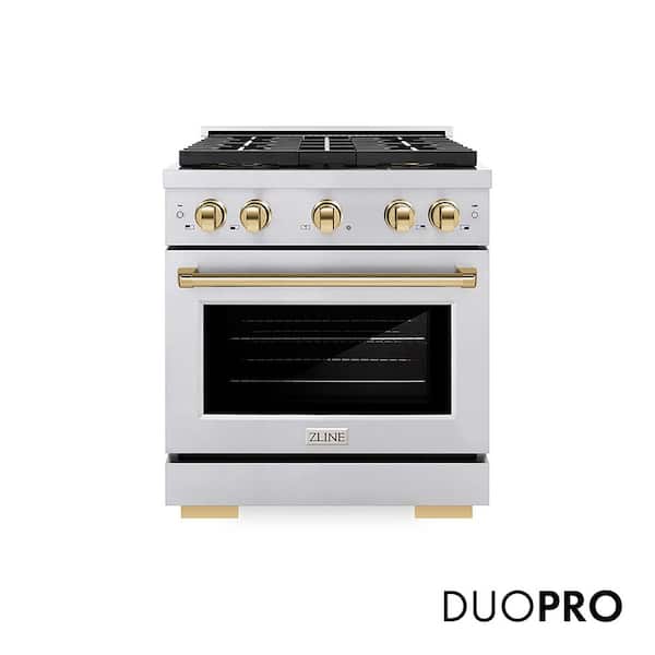Autograph 30 in. 4.2 cu. ft. Paramount Gas Range with 4-Burner Cooktop and Gas Oven in Stainless with Polished Gold