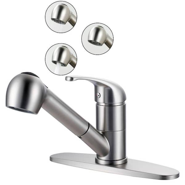 Single Handle Pull Out Sprayer Kitchen Faucet Deckplate Included and Supply Lines in Brushed Nickel