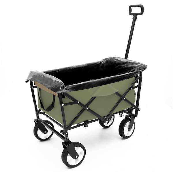 Otryad 9.7 cu. ft. Fabric Collapsible Garden Cart, Beach Wagon Camping Grocery Cart w/3 Plastic Liner Bags, Army Green