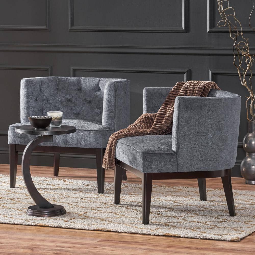 Charcoal and Dark Brown Tufted Faux Leather Barrel Accent Chair Set