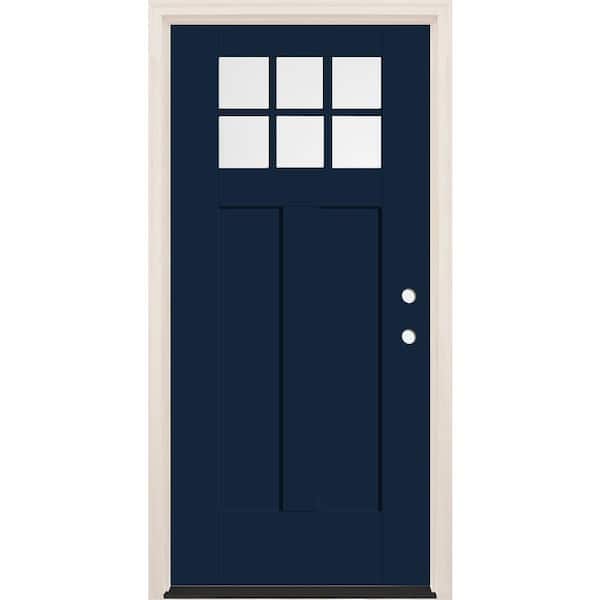 Builders Choice 36 in. x 80 in. Left-Hand 6-Lite Clear Glass Indigo Painted Fiberglass Prehung Front Door with 6-9/16 in. Frame