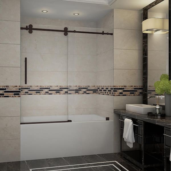 Aston Langham 56 in. to 60 in. x 60 in. Frameless Sliding Tub Door in Bronze