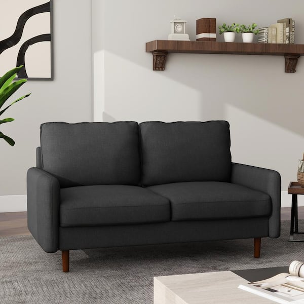 Uixe 55.5 in. W Modern Straight Arm Linen Fabric Dark Gray Upholstered Loveseat Sofa With Wood Leg