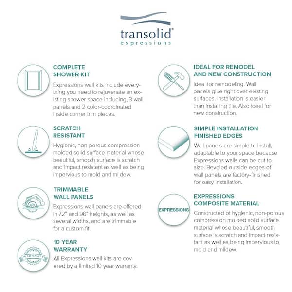 Transolid - Expressions 32 in. x 60 in. x 72 in. 3-Piece Easy Up Adhesive Alcove Shower Wall Surround in Bianca