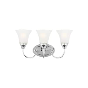Holman 18 in. 3-Light Chrome Traditional Classic Wall Bathroom Vanity Light with Satin Etched Glass Shades and LED Bulbs