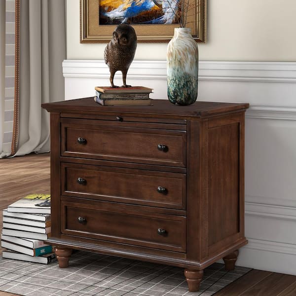 28 in. W Brown Rectangle 3-Drawer Storage Wood End Table with Pull out Tray