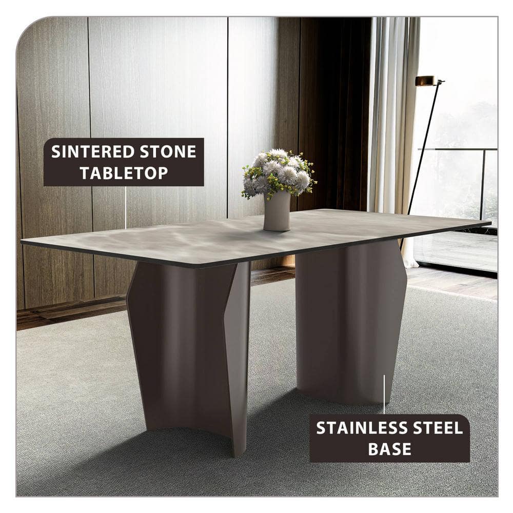 Zelan 62" Deep Grey Sintered Stone Dining Table with Stainless Steel Base