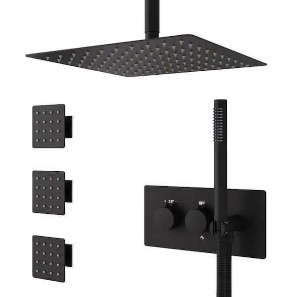 3-Spray 12 in. Ceiling Dual Fixed and Handheld Shower Head with Body Jets in Matte Black, Thermostatic Mixing Valve
