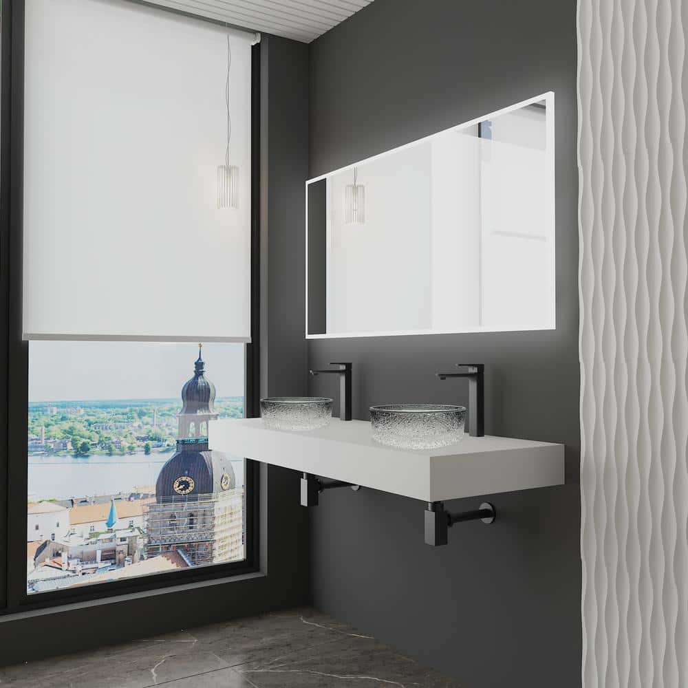 60 in. Wall Mounted Bathroom Countertop Shelf in White Solid Surface with 2 Gradient Black Round Glass Vessel Sink price history on PriceWatchPro