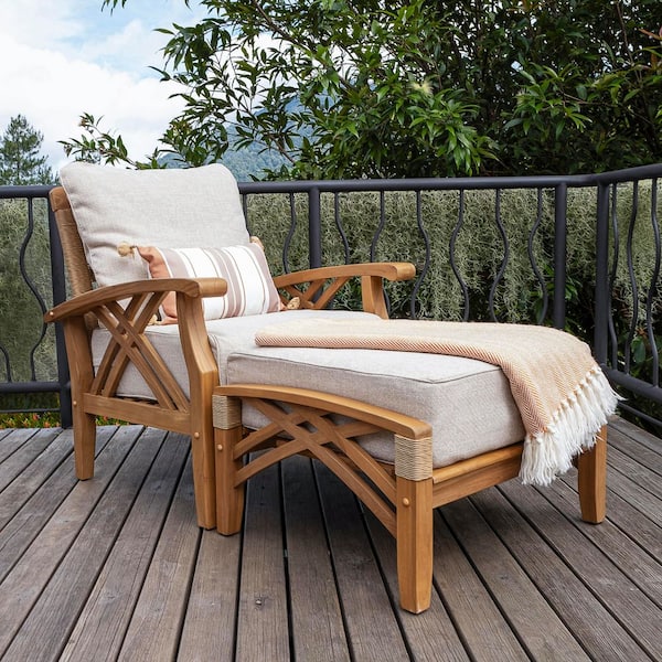 Cambridge Casual Carmel Teak Outdoor Lounge Chair Tan Cushion with Ottoman