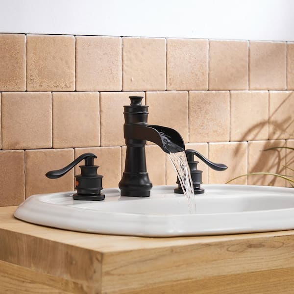 8 in. Waterfall Widespread 2-Handle Bathroom Faucet With Pop-up Drain Assembly in Spot Resist Matte Black