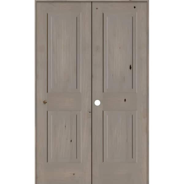 Krosswood Doors 48 in. x 80 in. Rustic Knotty Alder 2-Panel Right Handed Grey Stain Wood Double Prehung Interior Door with Square-Top