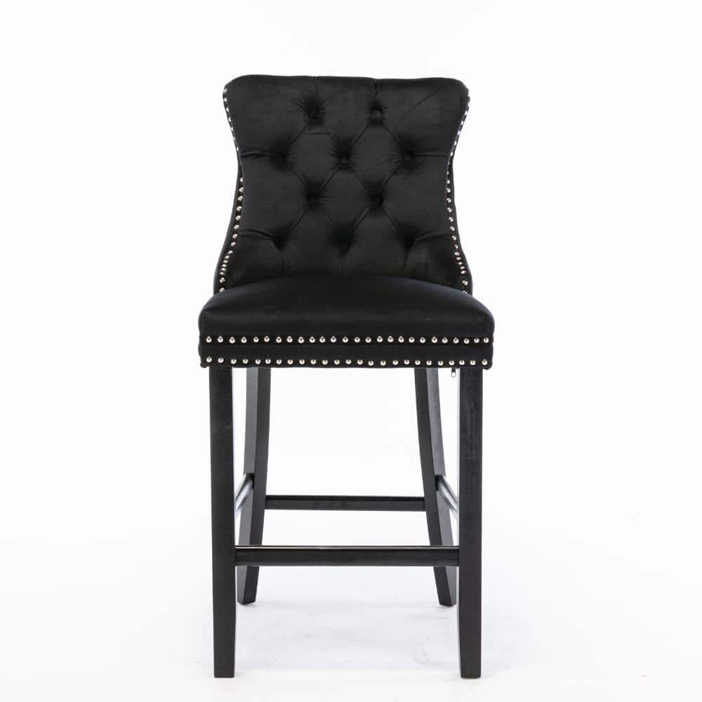 Black Velvet Button Tufted Barstools with Chrome Nailhead Trim and Solid Wood Legs, Leisure Style Bar Chairs Set of 2 price history on PriceWatchPro