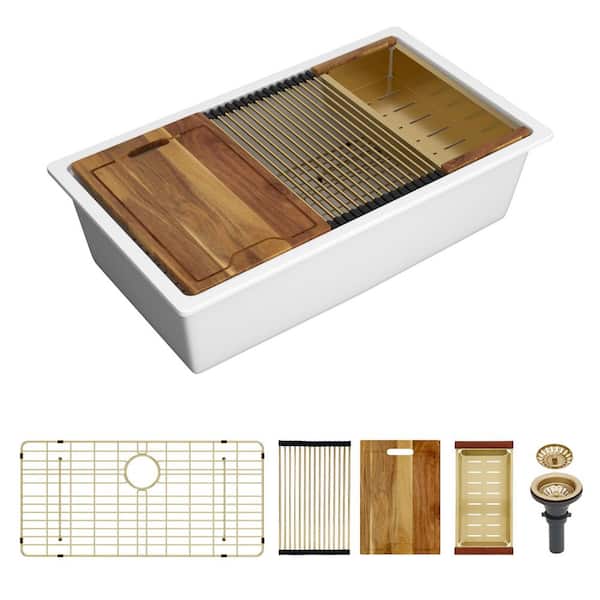 33 in. Undermount Sink White Granite/Quartz Composite Single Bowl Wrokstation Kitchen Sink with Gold Accessories