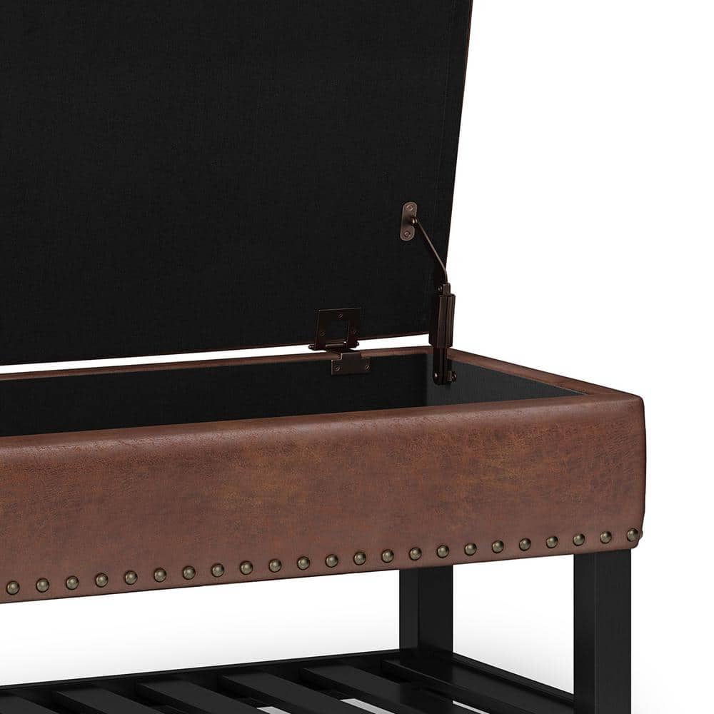 Distressed Saddle Brown Tufted Faux Leather Storage Bench