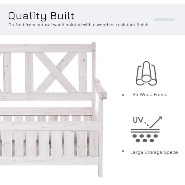 White Wood Outdoor Bench with 29 Gal. Storage Box and X-Shape Back