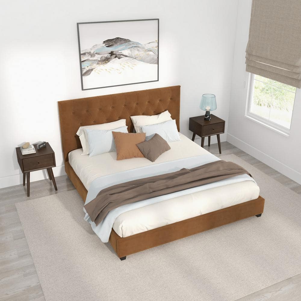 Elda Cognac Velvet Tufted Upholstered King Platform Bed