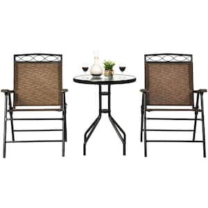 Black 3-Piece Metal Round Outdoor Bistro Set Patio Pub Dining Set with 2 Folding Chairs & Glass Table