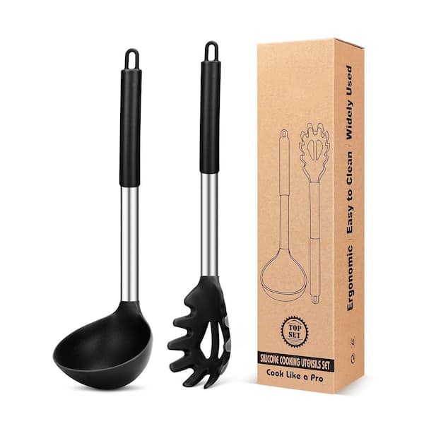 Silicone Pasta Fork and Ladle Spoon Set, Large Non Stick Kitchen Utensils for Cooking and Stirring