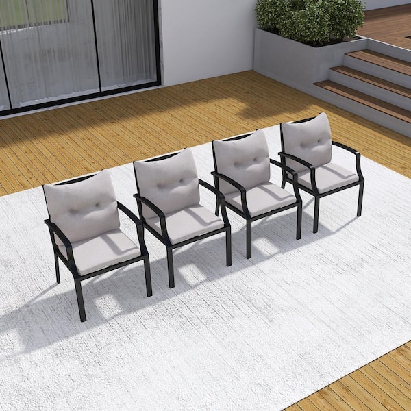 Black Outdoor Dining Chair with Gray Cushions (4-Pack)