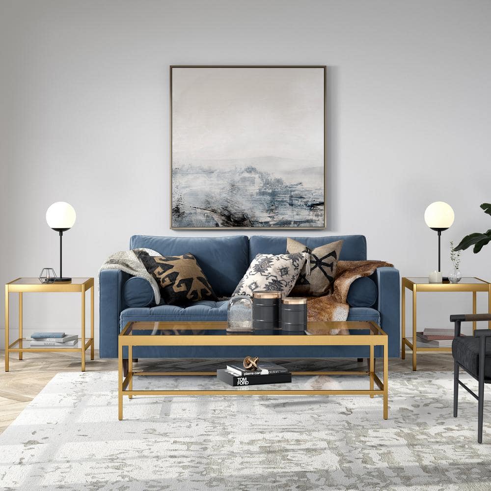Modern Rectangular Metal & Glass Coffee Table with Shelf - Brass Finish