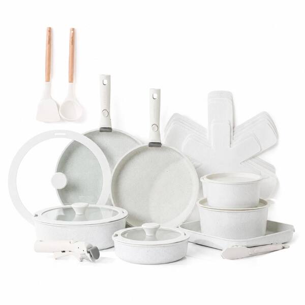 24-Piece White Nonstick Detachable Handle Induction Cookware Set with Grill Pan, Storage Lids, and Utensils