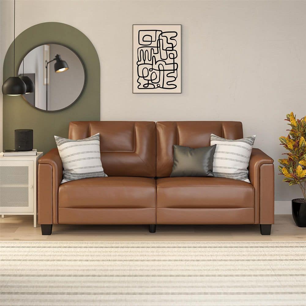 LikeHome Bubba 75.5 in. Upholstered Round Arm Sofa, Brown Faux Leather