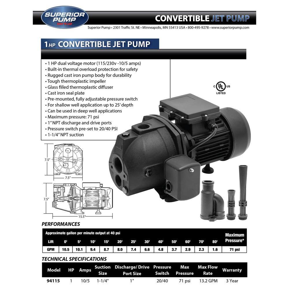 Black Cast Iron 1 HP Convertible Jet Pump