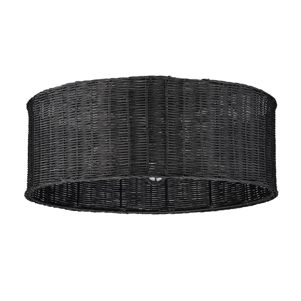 Erma Matte Black Woven Wicker 22'' Drum Flush Mount Light