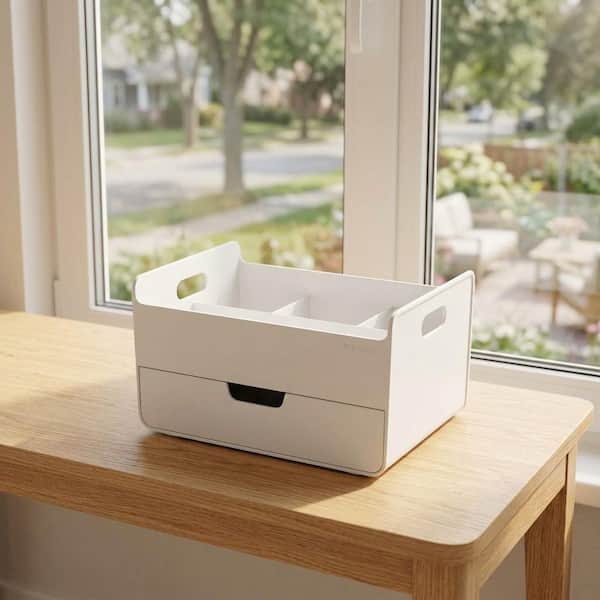 小物入れ Portable Desk Organiser 4.8 in. White Portable Desk Organizer, 3‑Compartment Half‑Drawer