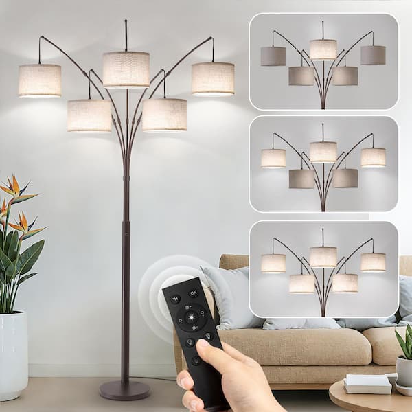 80" Arc Brown Modern 5-Light Tall Standing Tree-Style Floor Lamp with Remote, Adjustable Arched Arm, 3-Color Temperature