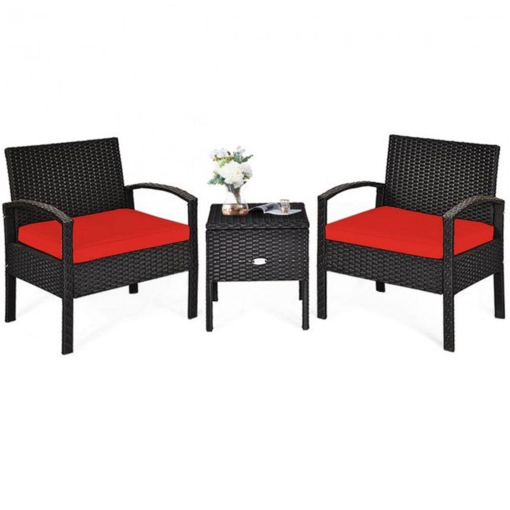 Red Cushioned Black Rattan 2-Person Patio Conversation Set