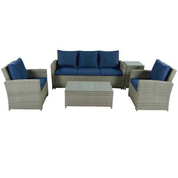 URTR 5-Piece Outdoor Patio Conversation Set, PE Rattan Wicker Sofa Set with 2 Tables, Sectional Sofa Set with Blue Cushion