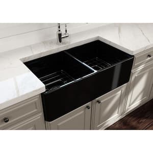 Classico Farmhouse Apron Front Fireclay 33 in. Double Bowl Kitchen Sink with Bottom Grid and Strainer in Black