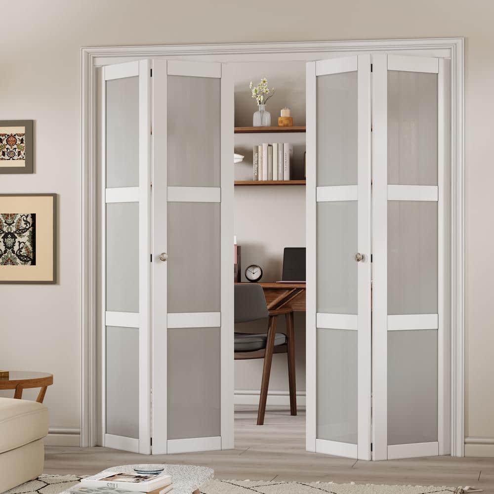 72 in. x 80 in. White MDF Bi-Fold Door with Frosted Glass Panels